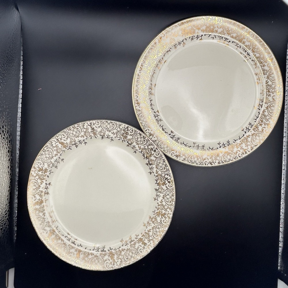 2 Stetson Golden Beauty 22 kt Gold and Floral Dessert Saucer Set China Vintage